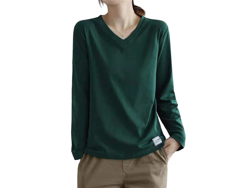 Bestjia V Neck Long Sleeves Women Top Women Autumn Winter Solid Color Bottoming Top T-shirt Streetwear - Green