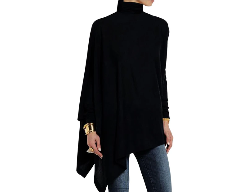 Bestjia Turtleneck Batwing Long Sleeve Solid Color Autumn T-shirt Women Casual Irregular Hem Mid-length Pullover Top Streetwear - Black