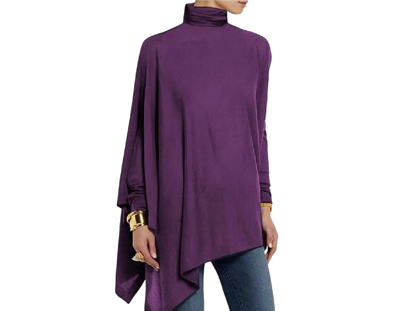 Bestjia Turtleneck Batwing Long Sleeve Solid Color Autumn T-shirt Women Casual Irregular Hem Mid-length Pullover Top Streetwear - Purple