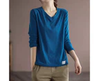 Bestjia V Neck Long Sleeves Women Top Women Autumn Winter Solid Color Bottoming Top T-shirt Streetwear - Blue