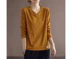 Bestjia V Neck Long Sleeves Women Top Women Autumn Winter Solid Color Bottoming Top T-shirt Streetwear - Yellow