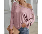 Bestjia Women T-shirt Solid Color O-Neck Batwing Sleeve Bottoming Top Autumn Winter Loose Buttons Decoration Blouse Streetwear - Pink