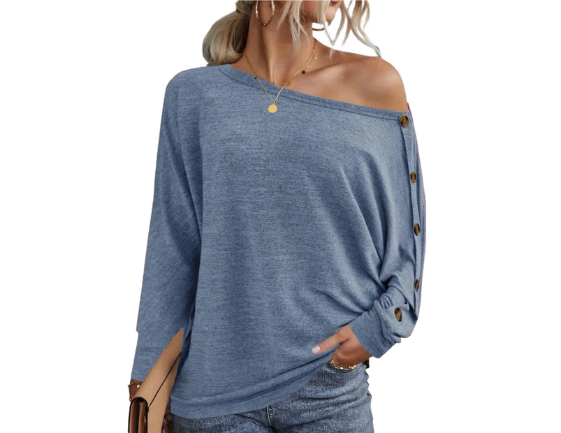 Bestjia Women T-shirt Solid Color O-Neck Batwing Sleeve Bottoming Top Autumn Winter Loose Buttons Decoration Blouse Streetwear - Light Blue