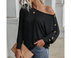 Bestjia Women T-shirt Solid Color O-Neck Batwing Sleeve Bottoming Top Autumn Winter Loose Buttons Decoration Blouse Streetwear - Black