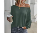Bestjia Women T-shirt Solid Color O-Neck Batwing Sleeve Bottoming Top Autumn Winter Loose Buttons Decoration Blouse Streetwear - Green