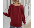 Bestjia Women T-shirt Solid Color O-Neck Batwing Sleeve Bottoming Top Autumn Winter Loose Buttons Decoration Blouse Streetwear - Red