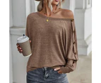 Bestjia Women T-shirt Solid Color O-Neck Batwing Sleeve Bottoming Top Autumn Winter Loose Buttons Decoration Blouse Streetwear - Khaki