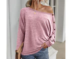 Bestjia Women T-shirt Solid Color O-Neck Batwing Sleeve Bottoming Top Autumn Winter Loose Buttons Decoration Blouse Streetwear - Pink
