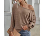 Bestjia Women T-shirt Solid Color O-Neck Batwing Sleeve Bottoming Top Autumn Winter Loose Buttons Decoration Blouse Streetwear - Khaki