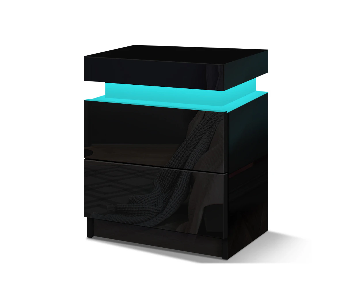 ALFORDSON Bedside Table RGB LED 2 Drawers Black