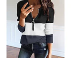 Bestjia Women Spring Top Color Block V Neck Zipper Patchwork Pullover Keep Warm Long Sleeves Mid Length Lady Fall Top Women Clothing - Grey
