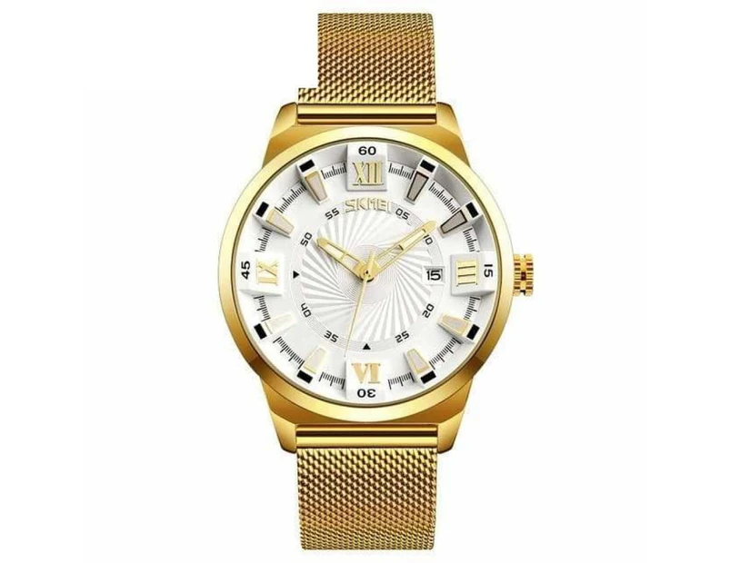 Business Men Luxury Golden Steel Mesh Band Quartz Wristwatches - White