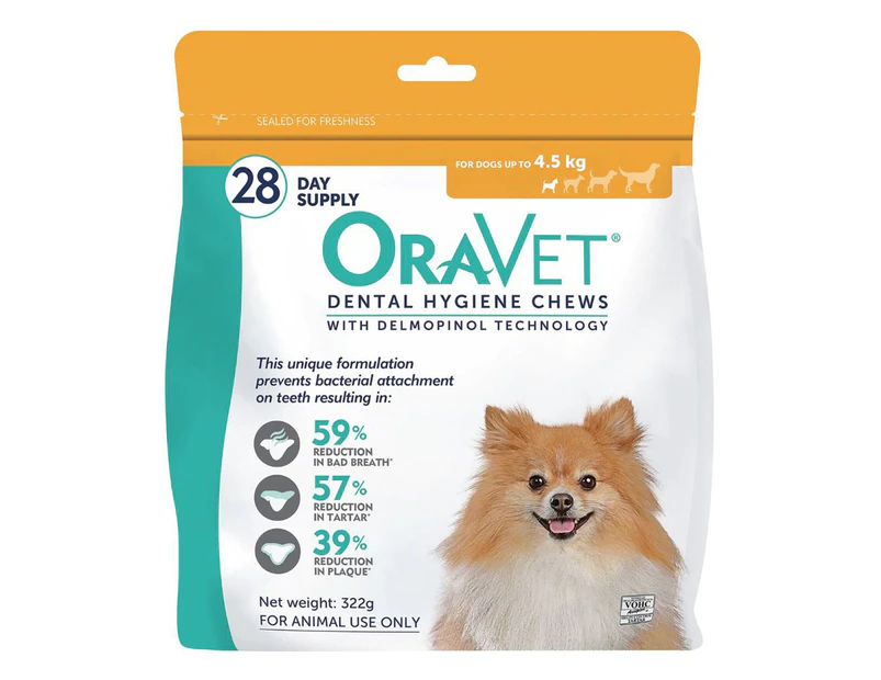 Oravet Dental Hygiene Chews for XS Dogs Up to 4.5kg Yellow 28 Pack