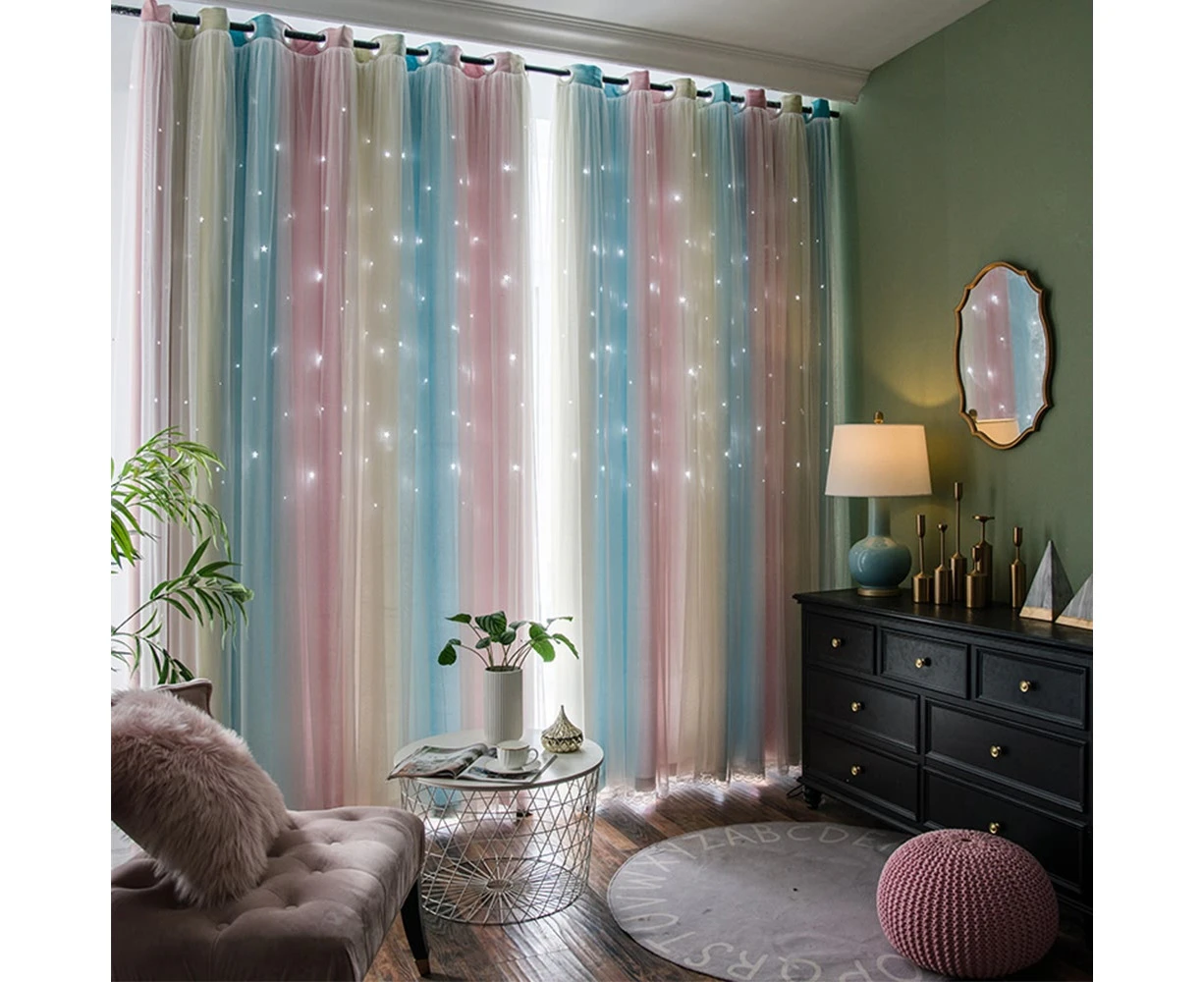 132x160CM 2 Layer Star Blockout Curtains Polyester Blackout Curtain Fabric Eyelet Bedroom Pink+Blue