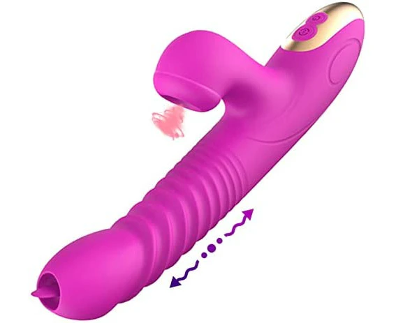 Thrusting Double Tongues Dildo Rabbit Vibrator Sex Toys with 3 Telescopic & 8 Vibration & 8 Pulsating Heating Clit Sucking Vibrators