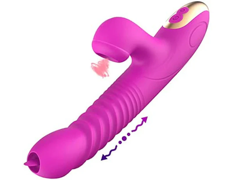 Thrusting Double Tongues Dildo Rabbit Vibrator Sex Toys with 3 Telescopic & 8 Vibration & 8 Pulsating Heating Clit Sucking Vibrators