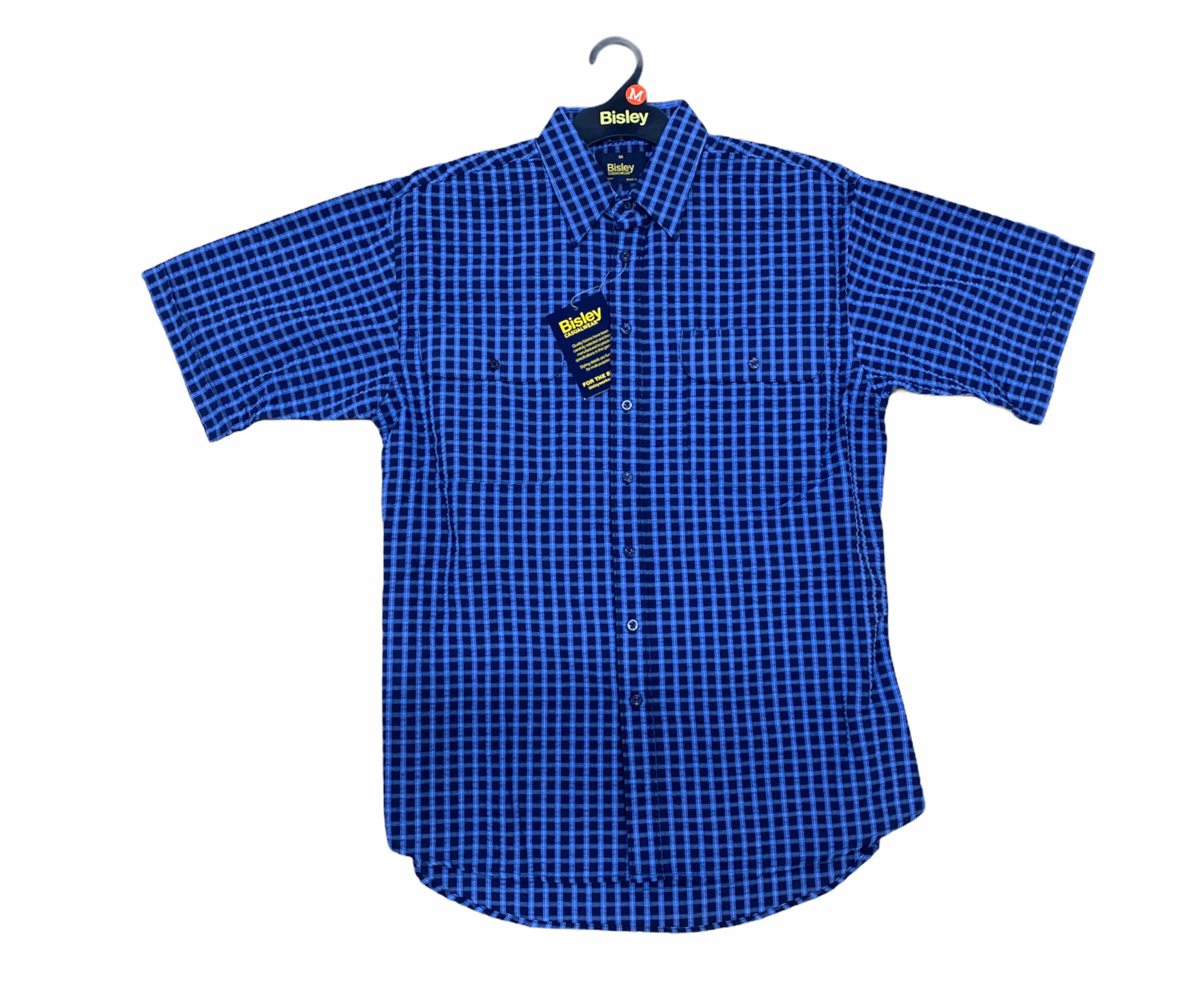 Bisley Men's Short Sleeve Seersucker Shirt Checkered Cotton Blend Casual Business Work - Blue