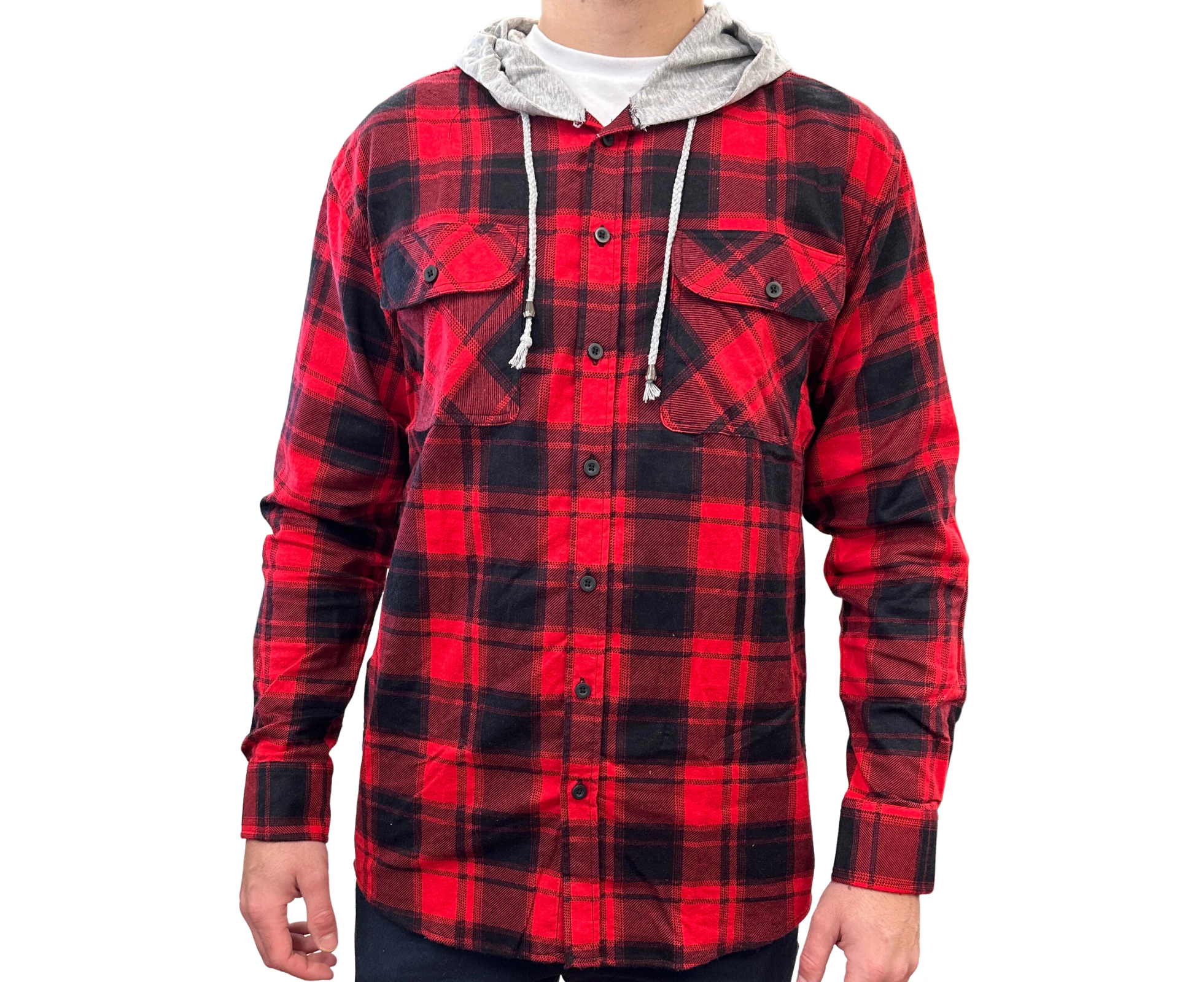 Mens Cotton Flannelette Shirt w Jersey Hood Long Sleeve Flannel - Red