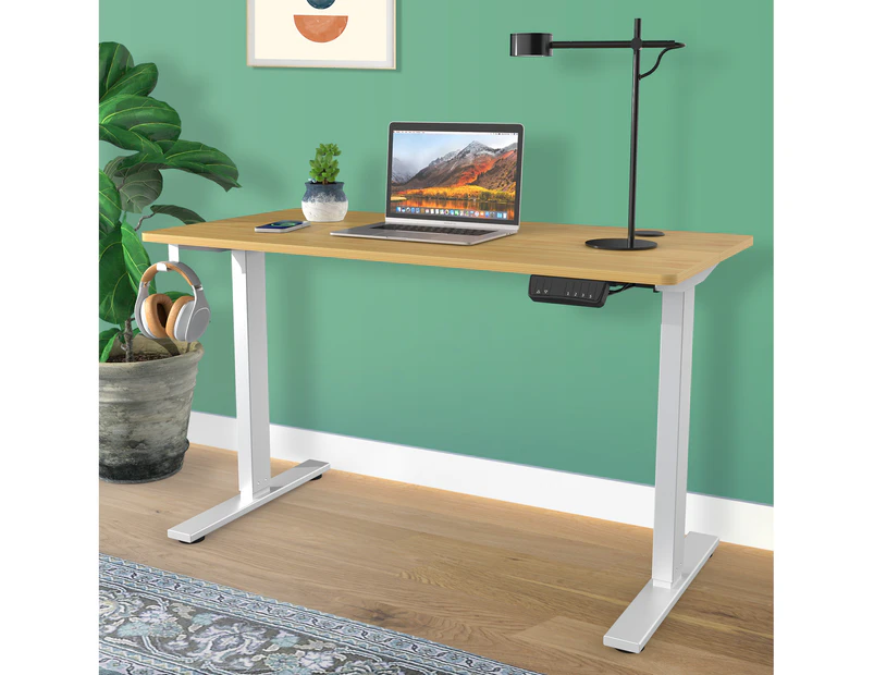 Ufurniture Electric Standing Desk Height Adjustable 140cm Splice Board Silver Frame/Oak Color Table Top