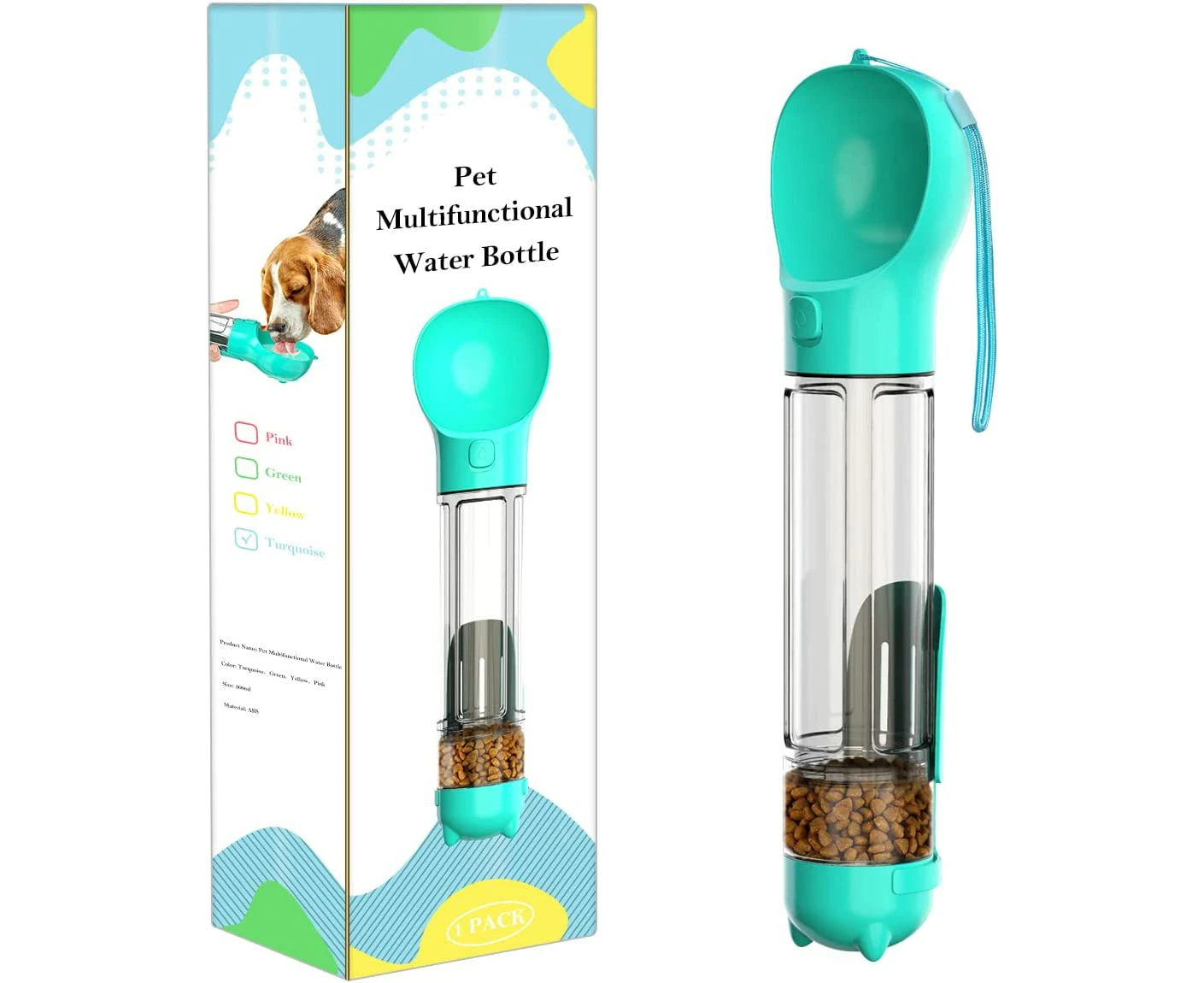 4 in 1 Dog Water Bottle Large 500ml Pet Portable Travel Water Dispenser Bowl Puppy Accessories Cyan Blue