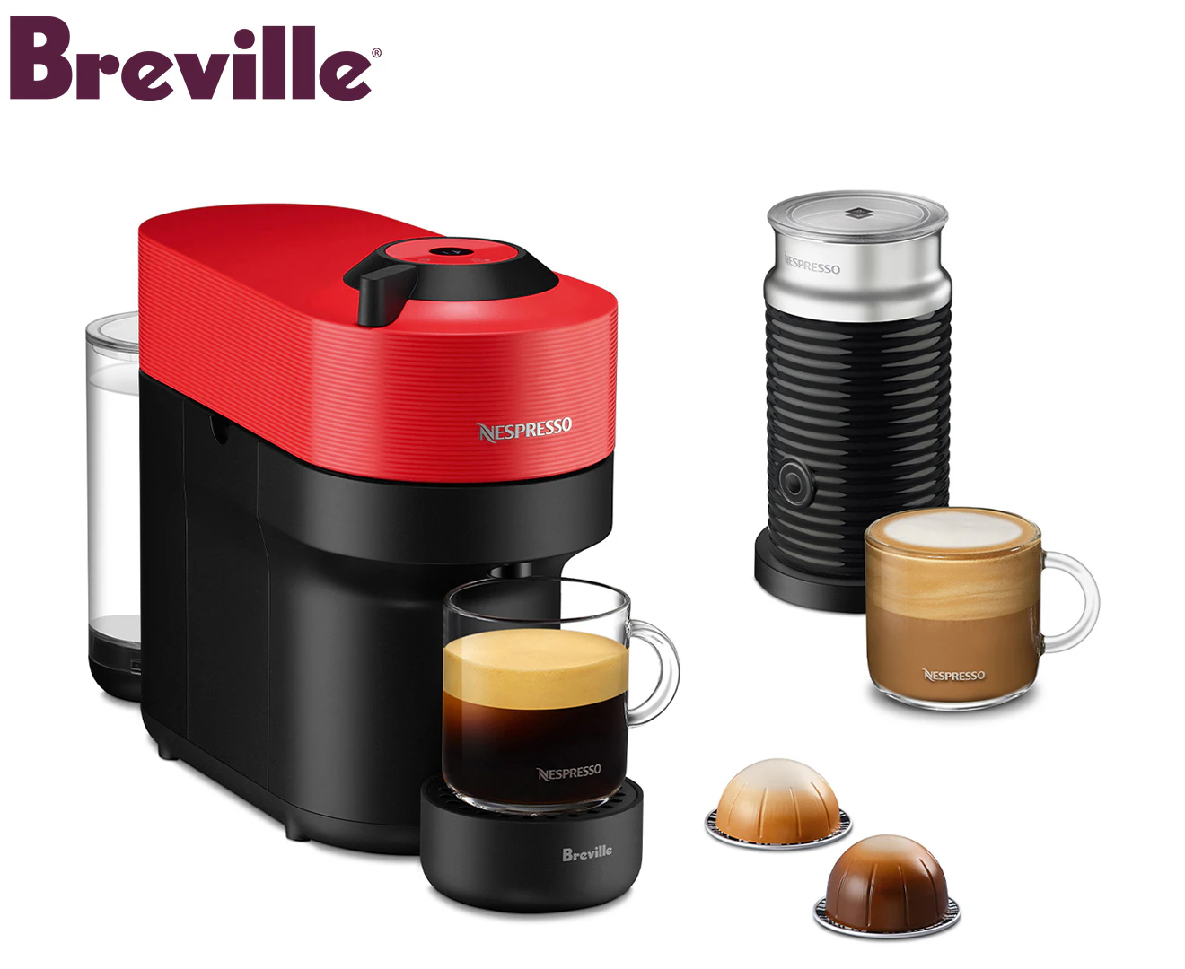 Breville Nespresso Vertuo Pop Coffee Machine 1.1L Bundle - Red