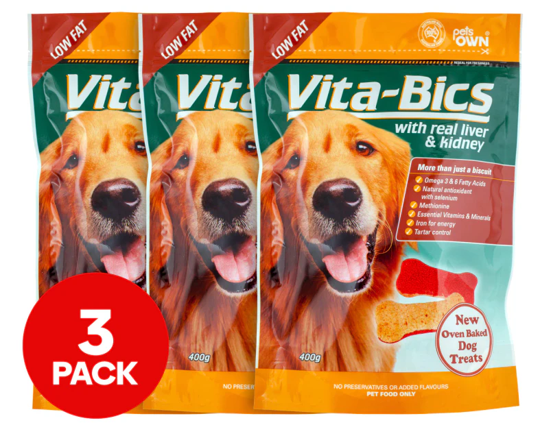 3 x Pets Own Low Fat Vita Bics Liver/Kidney Blend Dog Biscuits Treats/Reward 400g