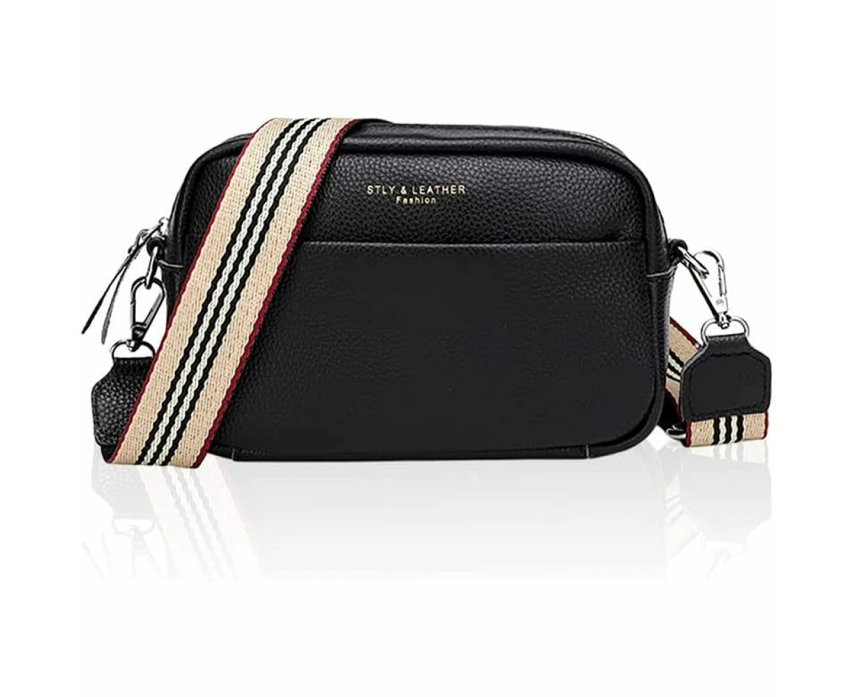 Crossbody Bag For Women Genuine Leather Wide Strap Shoulder Bag Purse Trendy Design Camera Crossbody Purse Top Zip