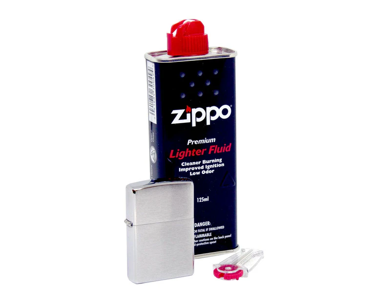 Zippo Brushed Chrome Lighter, Fluid & Flint Pack