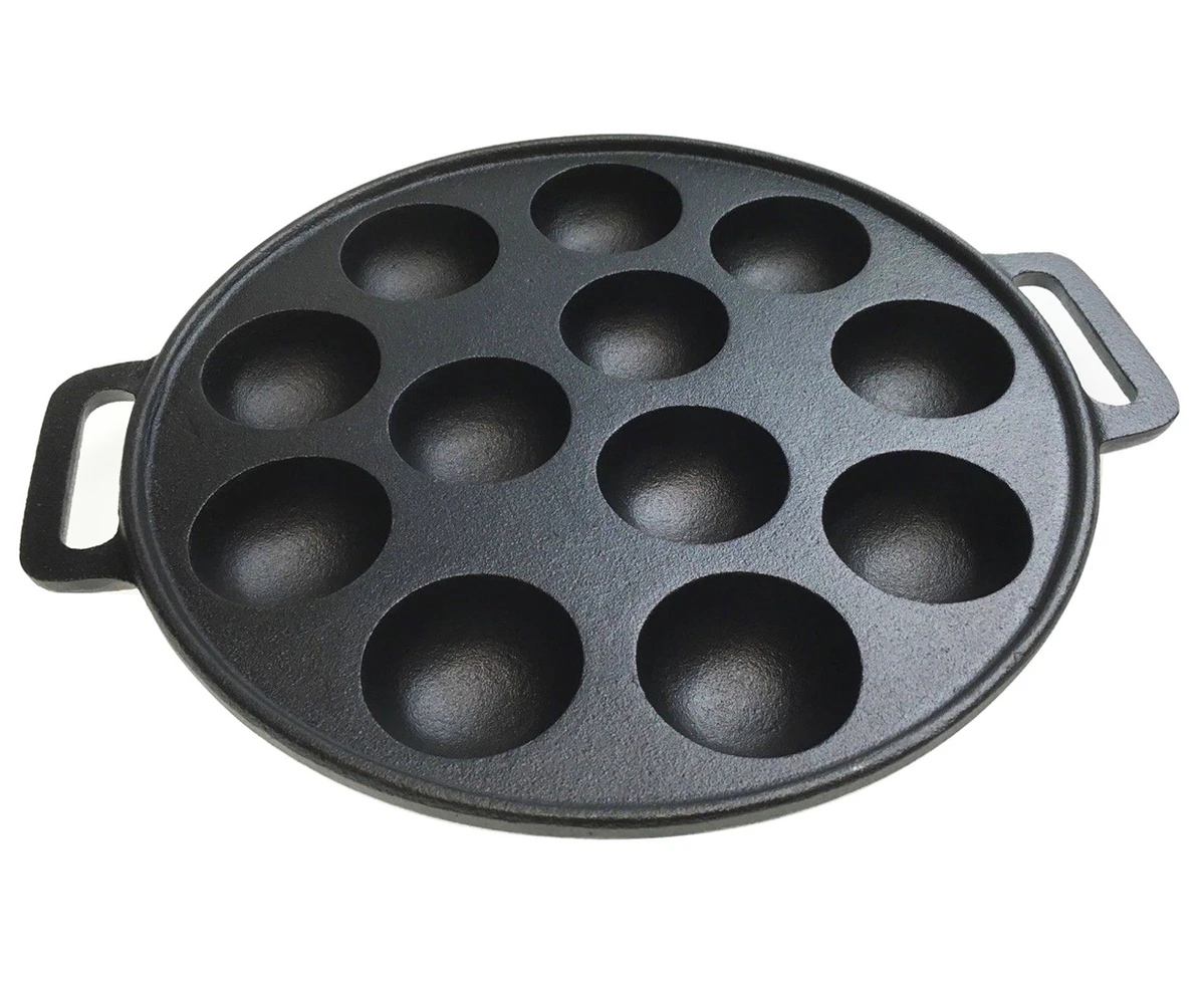 12 Dimple Cast Iron Poffertjes Mini Dutch Pancake Cake Pan with Handles Maker - Black