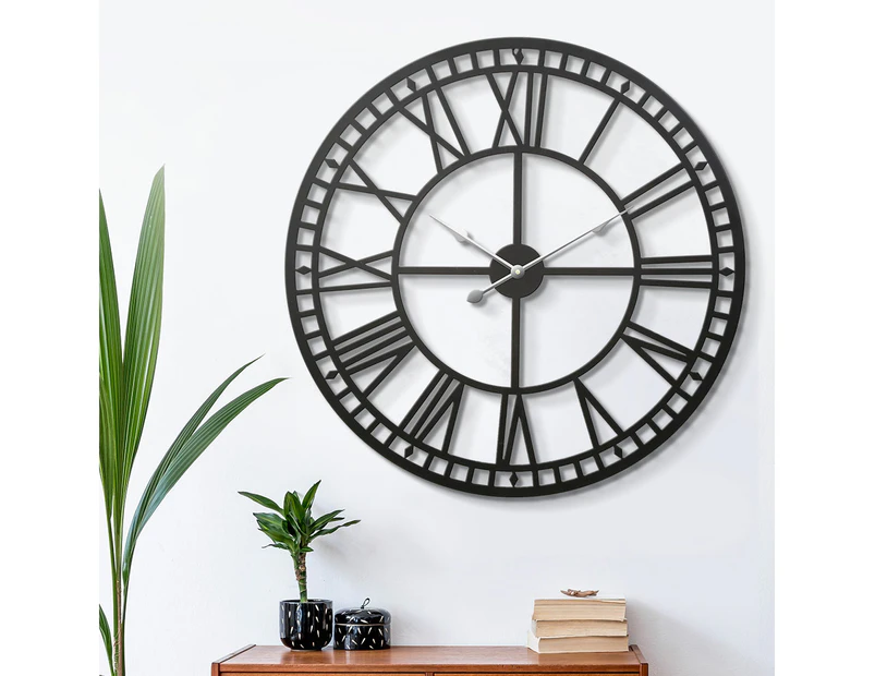 Artiss 60cm Wall Clock Large Roman Numerals Metal Black