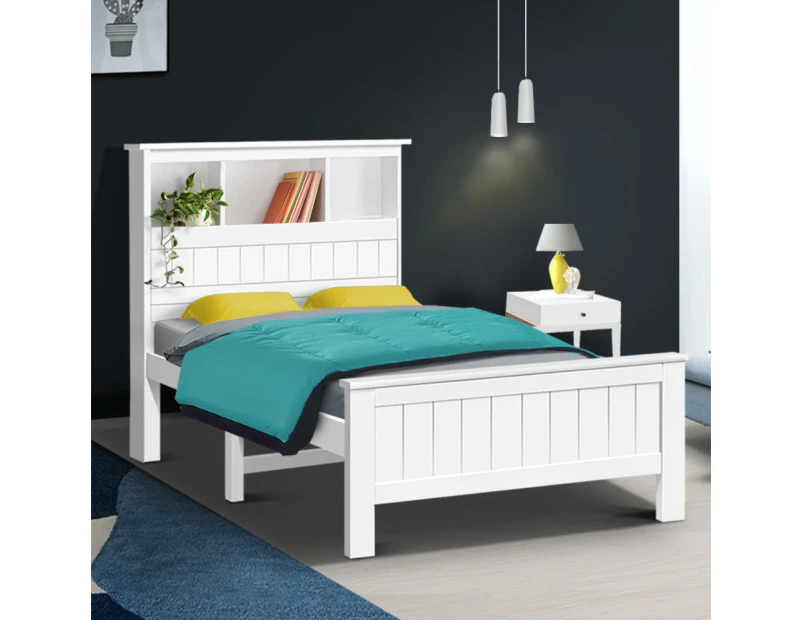 Artiss Bed Frame King Single Size Wooden with 3 Shelves Bed Head White