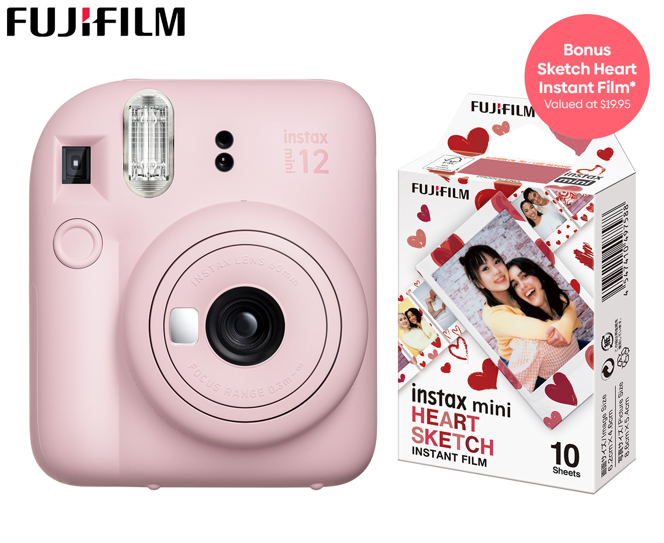 Fujifilm Instax Mini 12 Instant Camera + Bonus Mini Sketch Heart Instant  Film 10pk - Blossom Pink