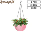SpringUp 2PCS Hanging Plant Pots Landen Rattan Flower Baskets Hanger Self Holder Wall Pink M/L 21.5CM/26CM