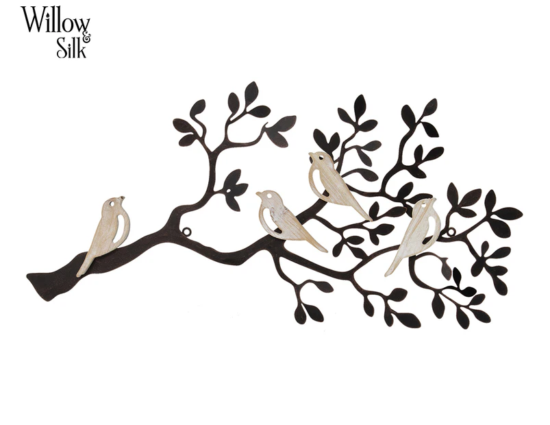 Willow & Silk 65x33cm Tree of Life Branch w/ Birds Wall Art - Natural/Distressed