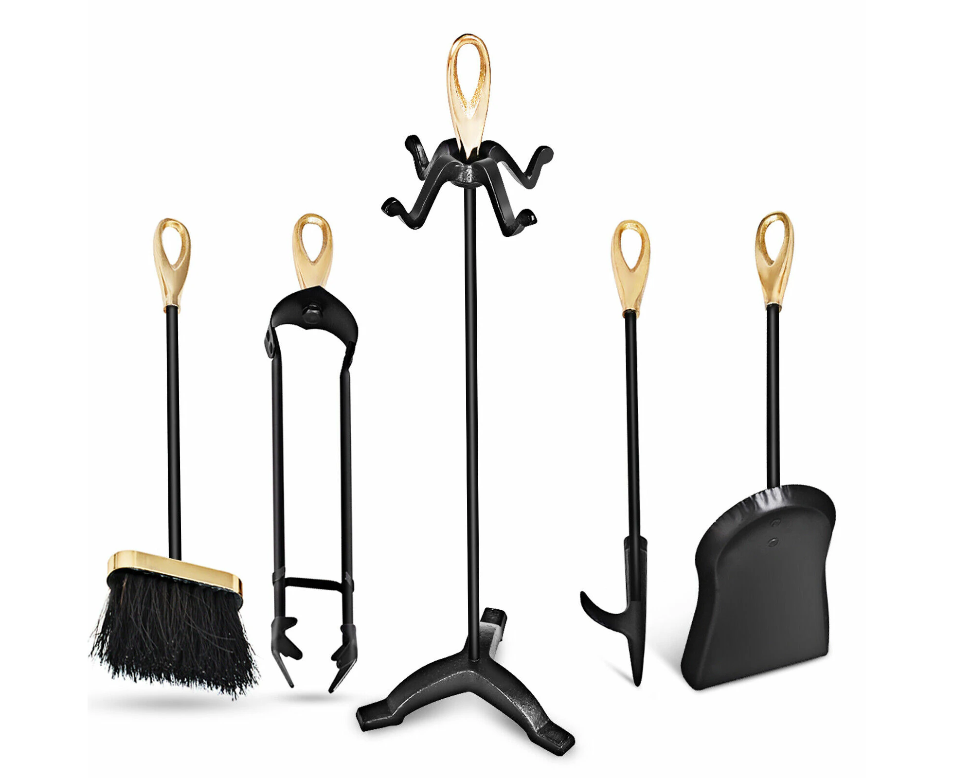 5 PCS Iron Fireplace Set Utility Tool Set Shovel Poker Tongs Stand Stove