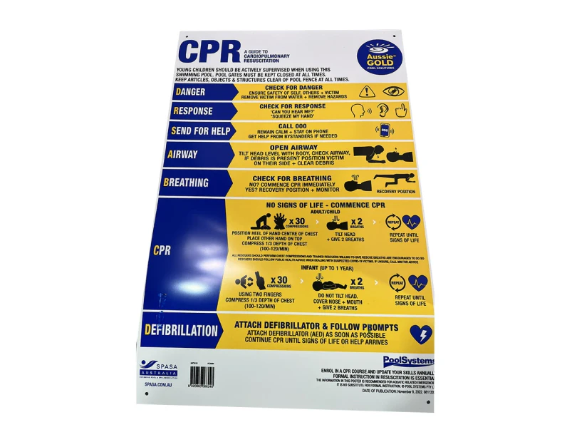 Swimming Pool Safety Sign 2024 updated DRSABCD PVC - Aussie Gold CPR Pool Sign