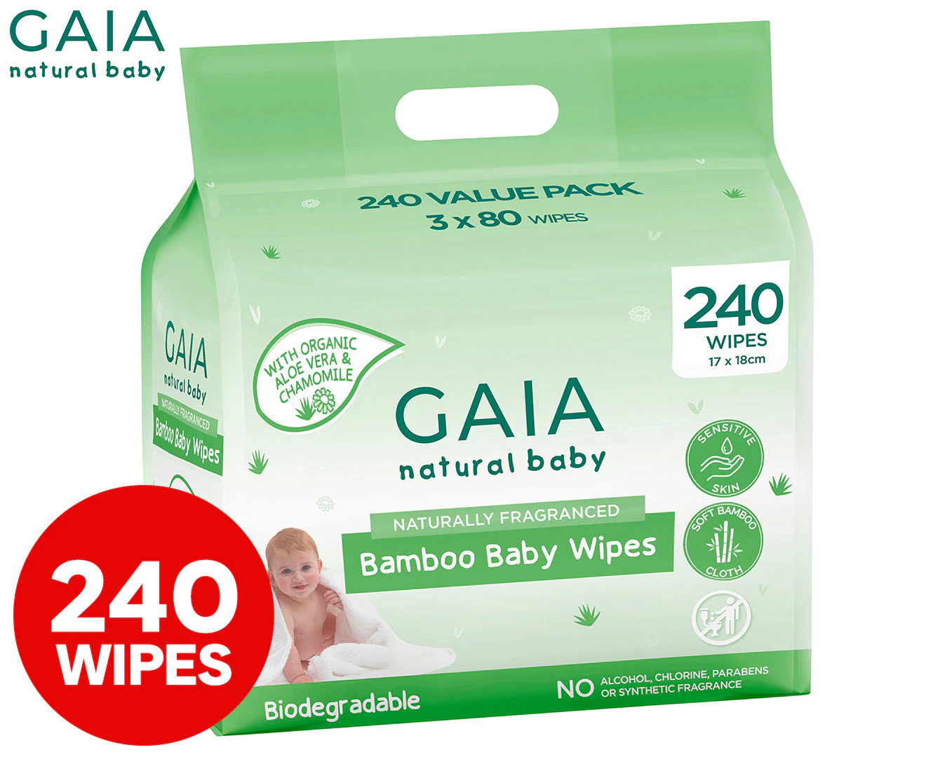 Gaia 240PK Natural/Organic Bamboo Baby/Infant Wipes Lightly Scent/Alcohol-Free