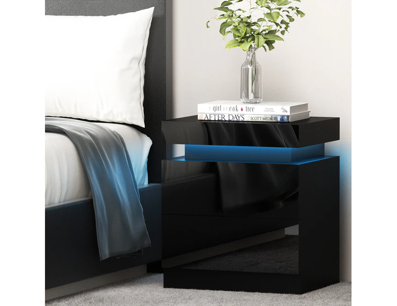 Artiss Bedside Table LED 2 Drawers Lift-up Storage - COLEY Black