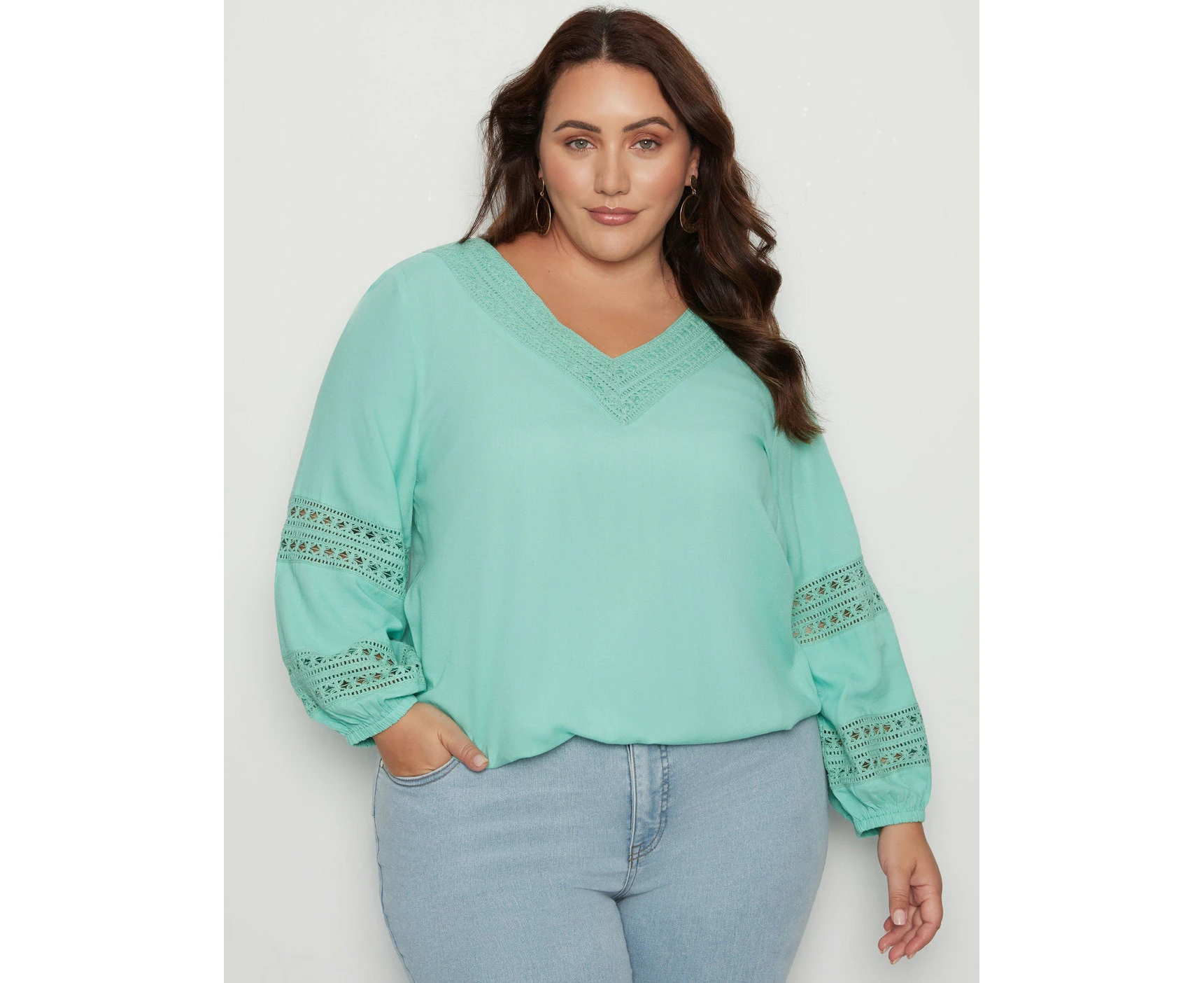 Beme 3/4 Sleeve V Neck Lace Trim Top - Plus Size Womens - Spring Bud