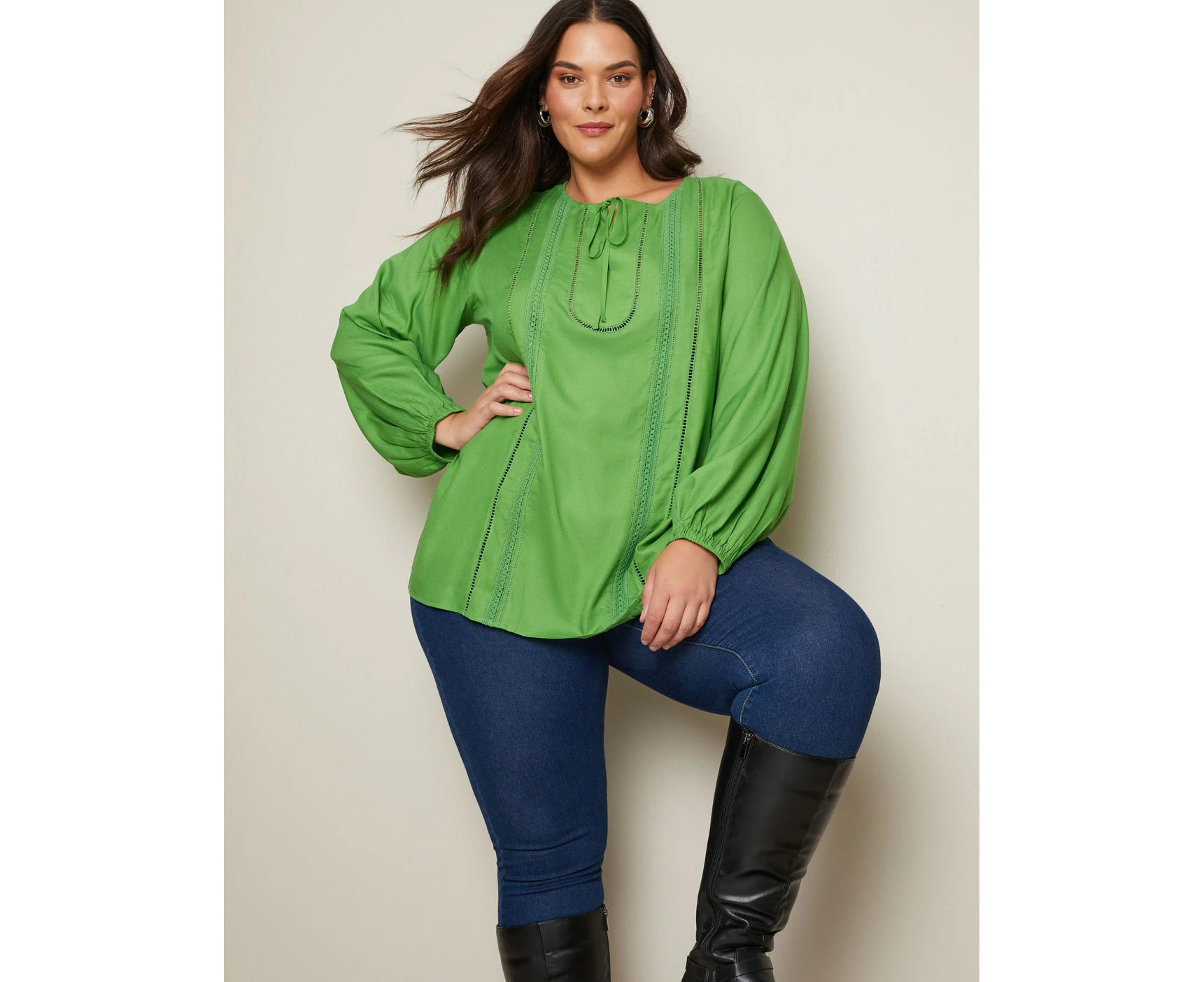 Autograph - Plus Size - Womens Winter Tops - Green Basic - Smart Casual Fashion - Basil - Long Sleeve - Lace - Office Wear - Everyday Work Clothes