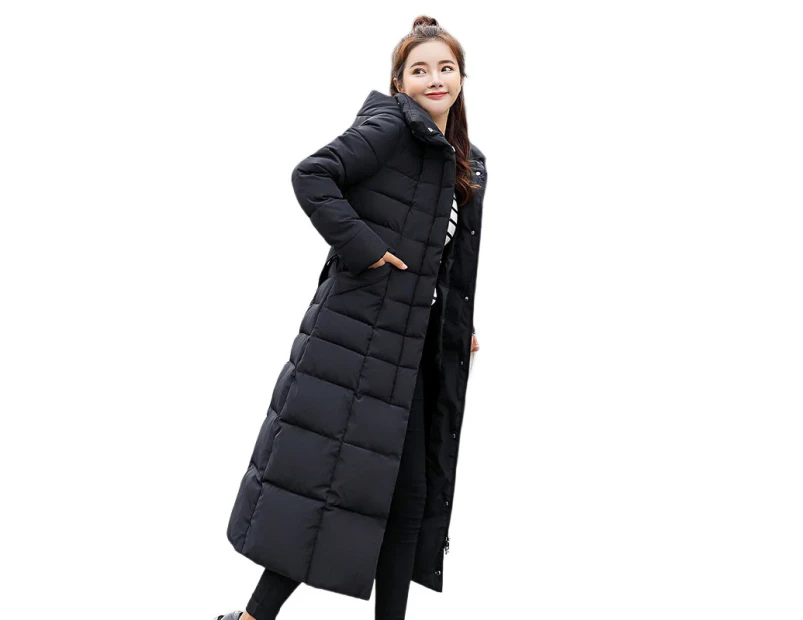 Lookbook Women Warm Down Jacket with Hood Fur Long Puffer Coat-Black