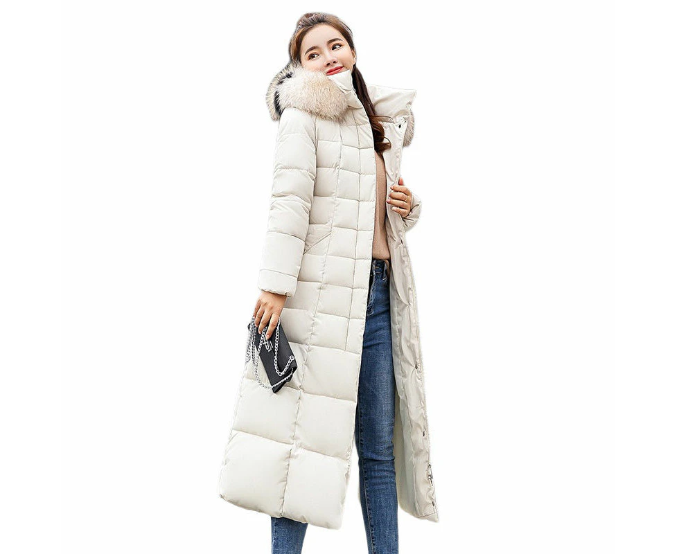 Lookbook Women Warm Down Jacket with Hood Fur Long Puffer Coat-White