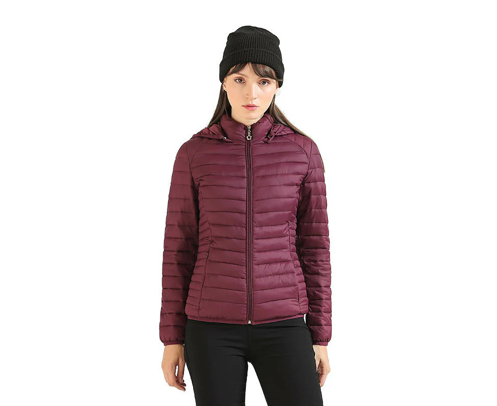 Lookbook Womens Short Down Jacket Stand Collar Lightweight Removable Cap-WineRed