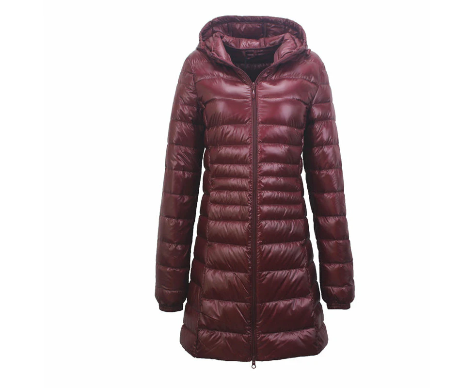 Lookbook Womens Lightweight Puffer Jacket Hooded Winter Mid Length Coat-ZaoRed