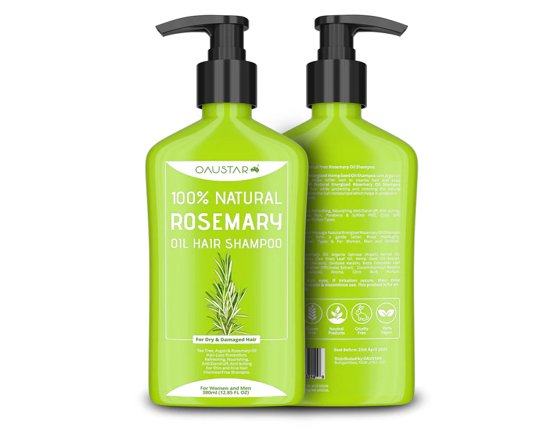 Rosemary Oil Hair Shampoo - 100% Natural Hair Care- Control Dandruff, Hair Loss - For Frizzy, Dry, Damaged, Thin, Fine Hairs - 380ml