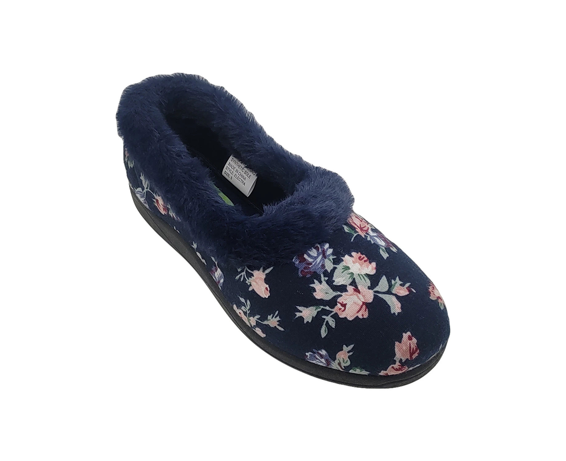 Panda Electra Ladies Slippers Slip on Cosy Furry Trim Bow Front Comfy Sole - Navy Floral