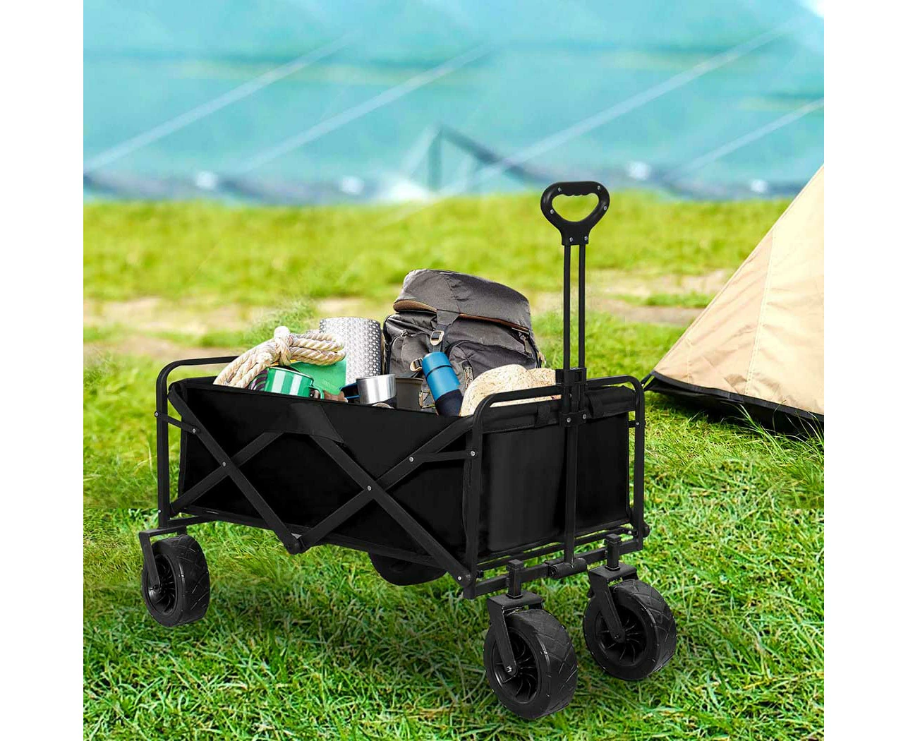 Lambu Garden Camping Trolley Outdoor Garden Wagon Cart Folding Widen Large Picnic Black