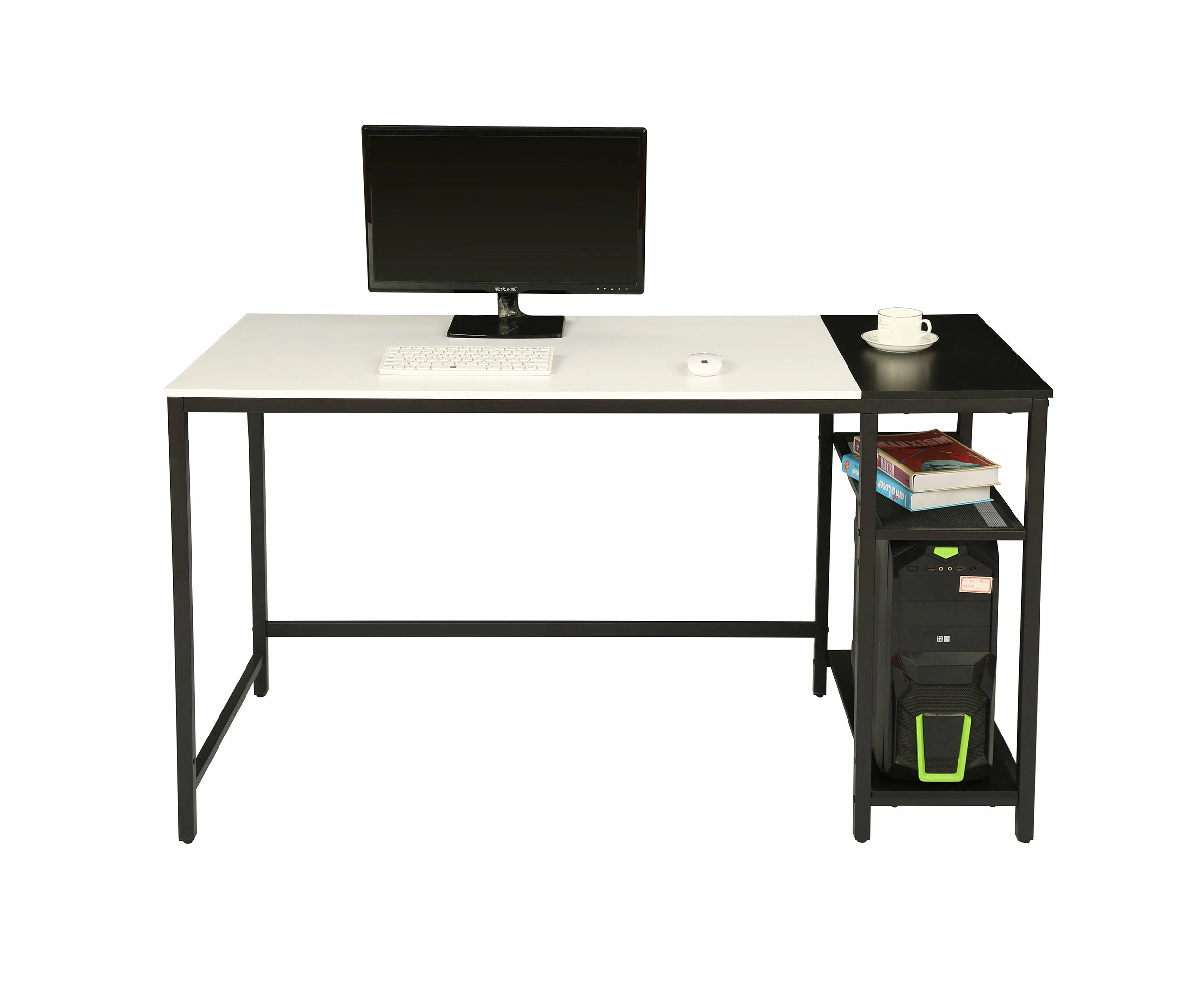 Foret Computer Desk With 2 Tier Shelves Home Office Writing Study Table White Black Metal