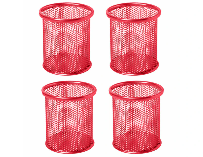 SunnyHouse 4Pcs Desk Simple Practical Round Grid Metal Pen Holder Container Storage Box-Red