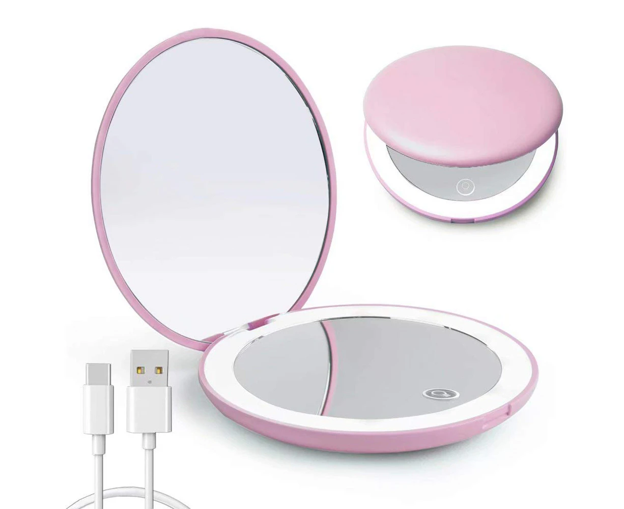 Led Compact Mirror, Rechargeable 1x/10x Magnification Compact Mirror, Dimmable Small Travel Makeup Mirror,Pocket Mirror ,Gifts for Girls,Pink